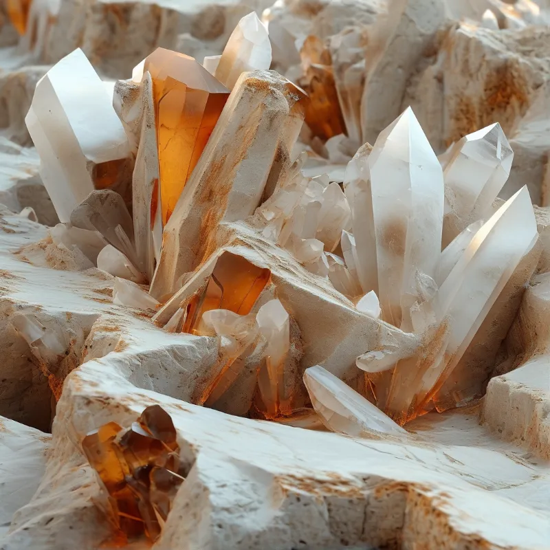 A close-up of translucent crystal formations glowing with amber light inside a textured beige rock matrix.