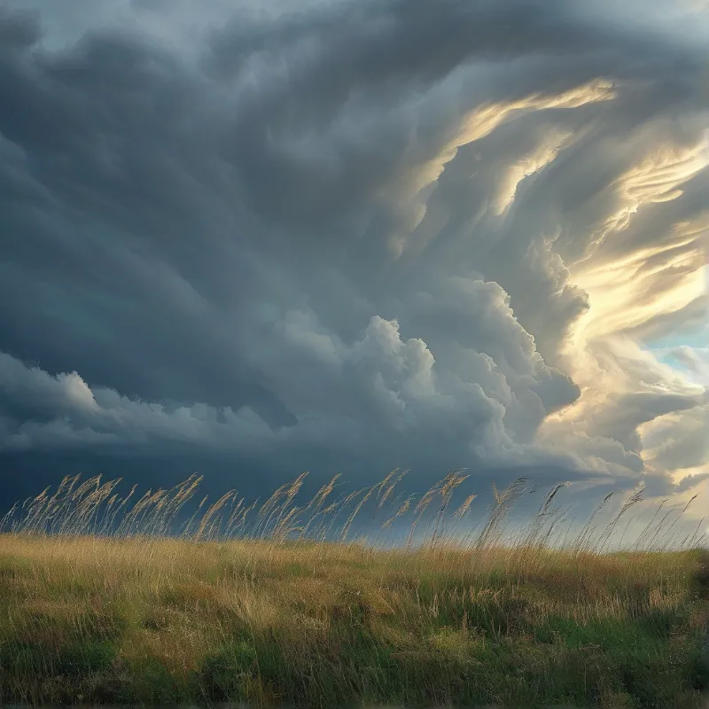 Wild grasses bend sharply across a windy field while towering cumulonimbus clouds glow gold at their lit edges