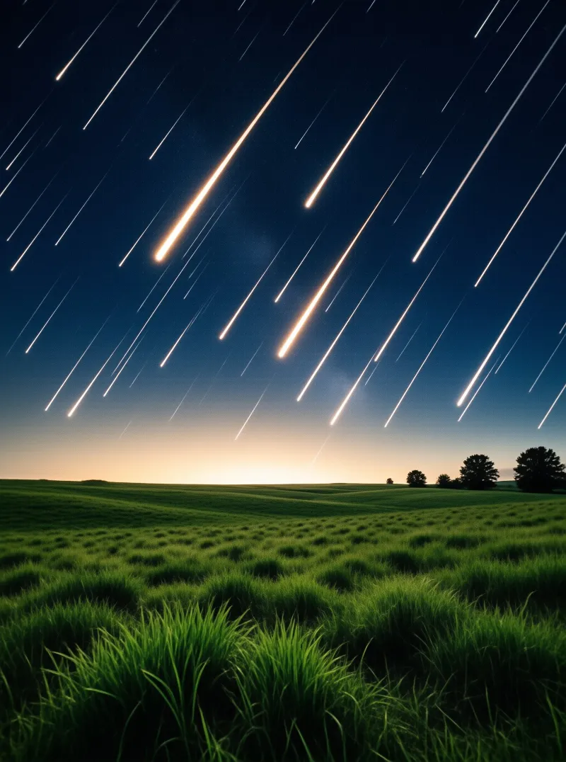 Bright streaks of light radiate across a dark blue sky above a lush green field with distant trees.
