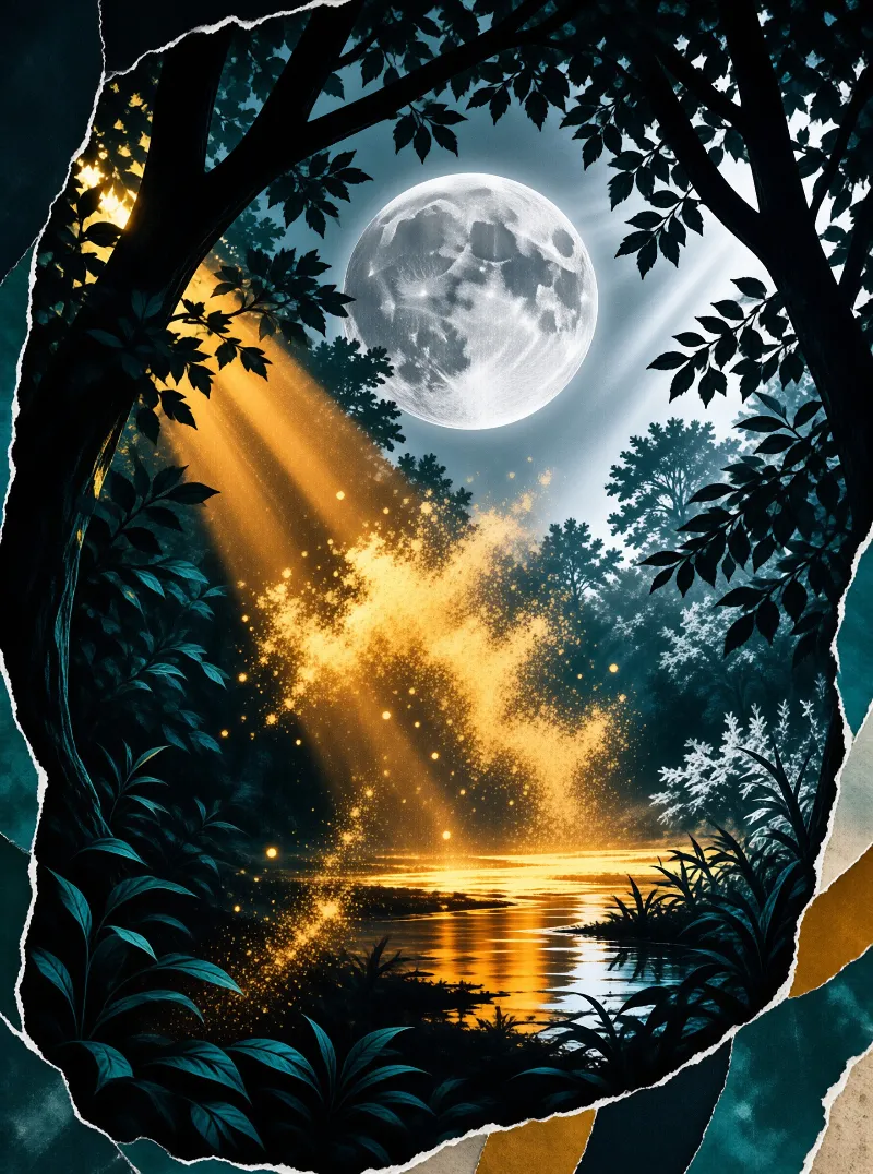 A giant full moon illuminates a dark forest while golden beams of light cascade down onto a reflective lake.