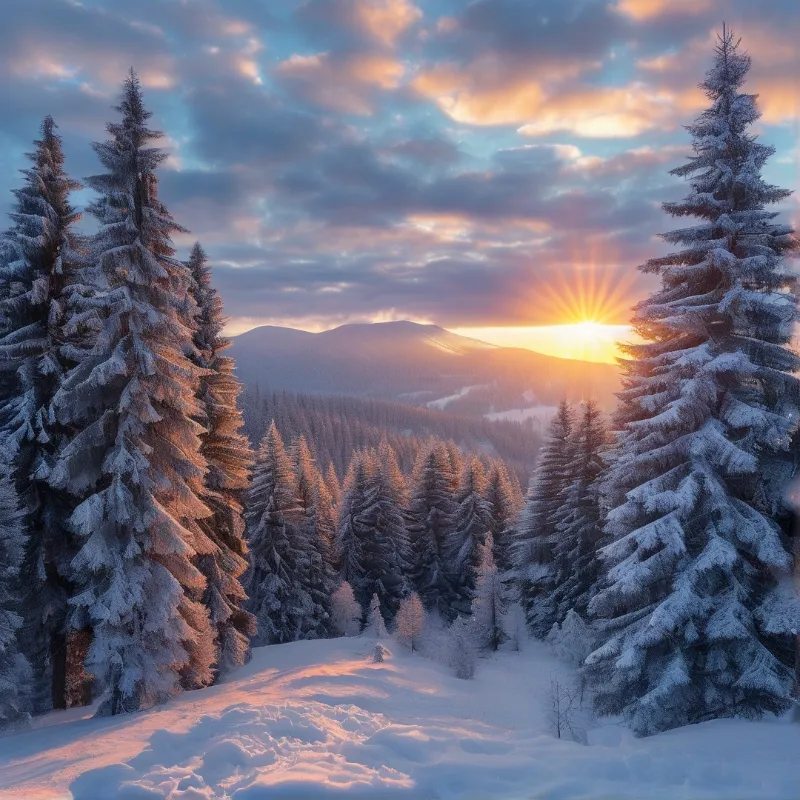 Sunset over Snowy Forest