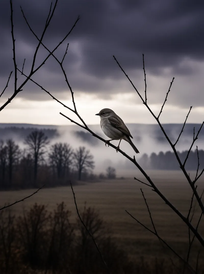 A small bird sits alone on a thin bare branch while low fog rolls across a distant field under a heavy gray sky.