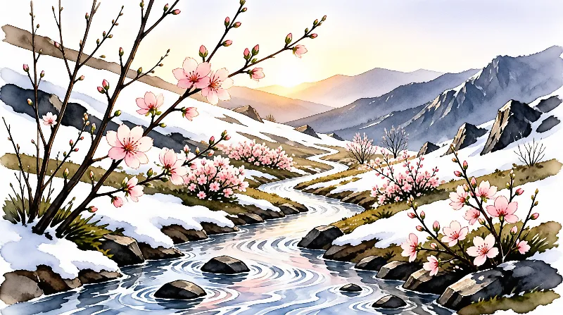 Pink blossoms lean over a rippling stream that winds between lingering snow patches toward sunrise mountains