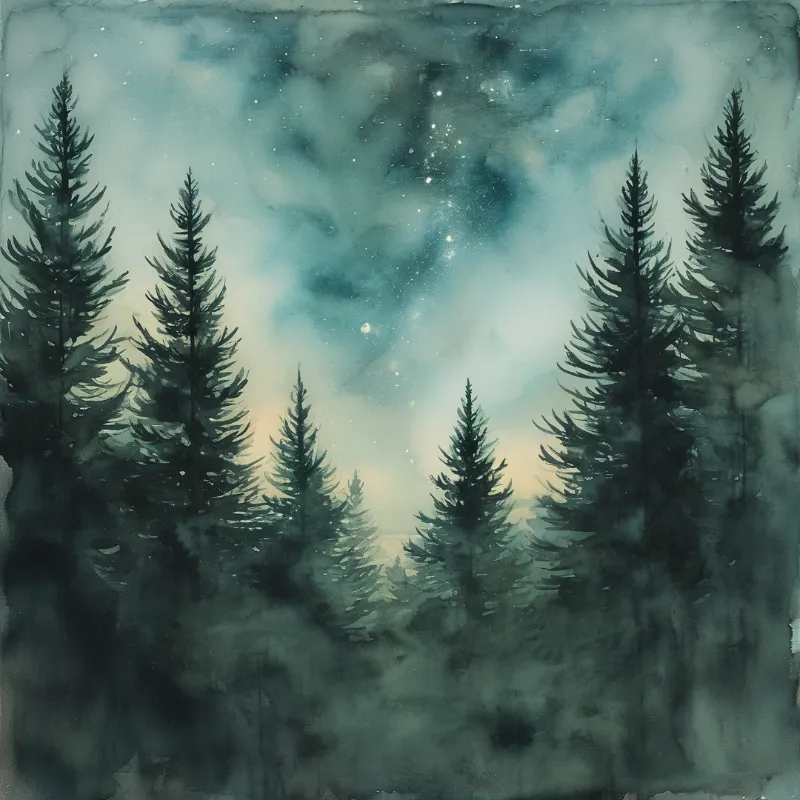 A dark forest of tall evergreens stands beneath a cloudy teal sky filled with faint stars.