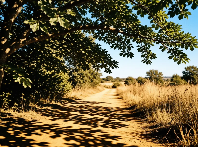 A sandy unpaved road winds through sunlit grassland bordered by oak trees, with dappled leaf shadows cast across its surface.