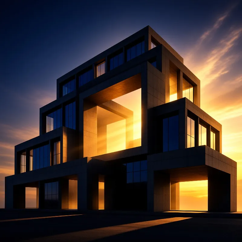 A modern cubic building with large rectangular cutouts stands against a vibrant orange and blue sunset sky.