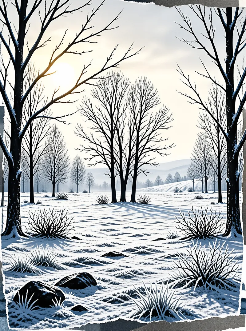 Silhouettes of bare trees cast long shadows across a snow-covered field under a bright winter sun, with low bushes and distant hills in view.