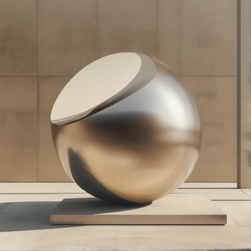 A reflective golden sphere sits on a flat base before a textured beige wall under soft light.