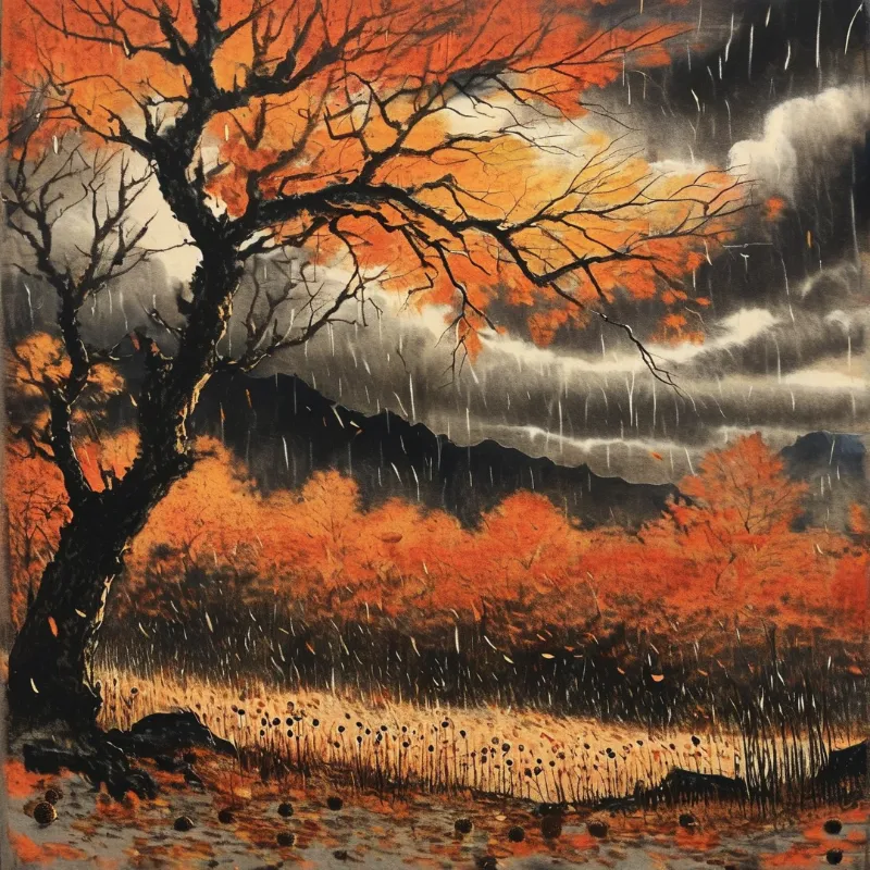 A gnarled tree with fiery orange leaves stands in a rainy mountain valley under dark storm clouds