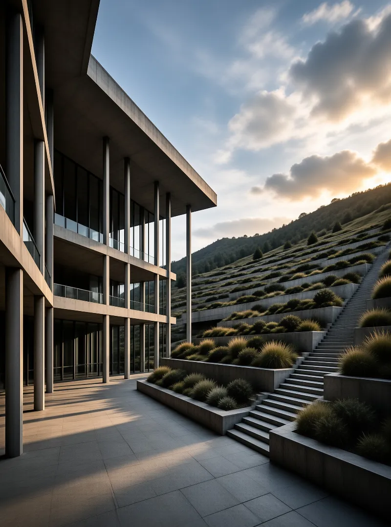 A modern concrete building with columns stands beside terraced hillside steps planted with grasses at sunset.