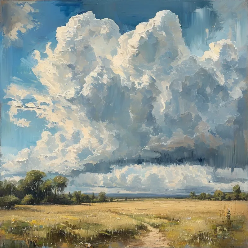 A towering white cumulus cloud rises above a sunlit golden grass plain dotted with distant trees under a bright blue sky.