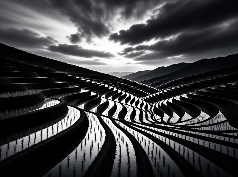 Layered water fields curve through a black and white landscape beneath a heavy cloudy sky.
