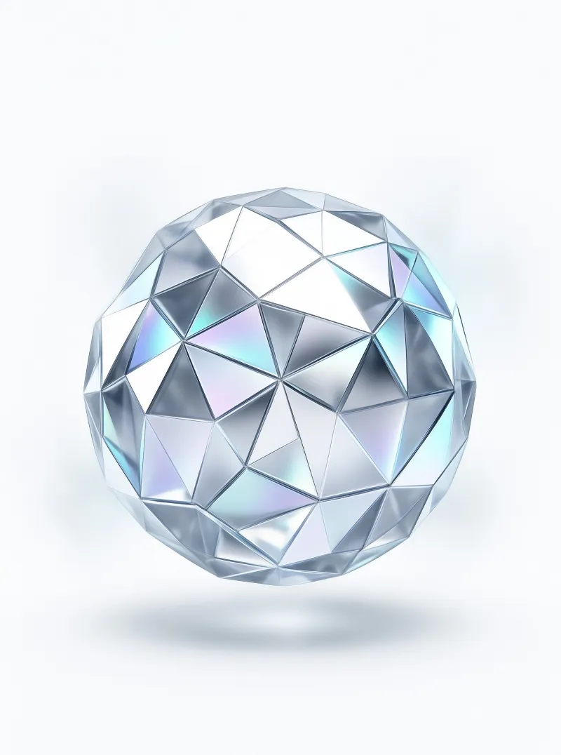 A transparent geometric shape hovers in white space displaying prismatic rainbow hues across its numerous angular facets.