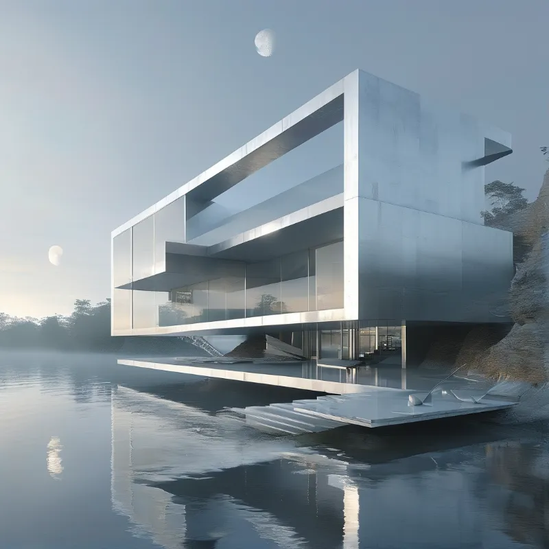 A sleek grey residence hovers above a glassy mist-covered lake beneath a pale moonlit sky.