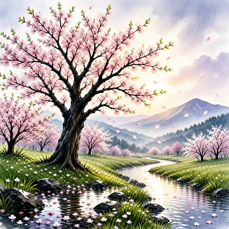 Pink petals drift through spring rain above a rocky brook, with blue ridgelines fading behind the blossom.