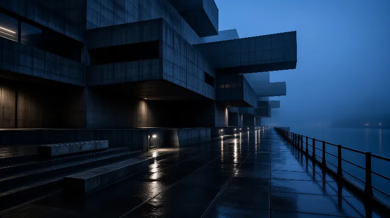 Large concrete cantilevers extend over a wet promenade lining a misty sea under a dark blue twilight sky.