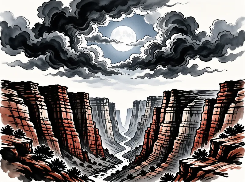 A sketch style drawing of a deep gorge where a full moon shines brightly amidst dark storm clouds.