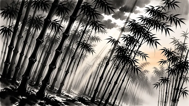 Dark bamboo stalks rise through mist while diagonal sunlight beams pierce the cloudy sky in an artistic monochromatic style.