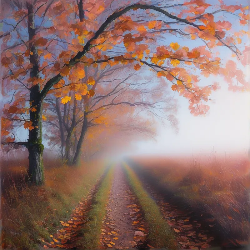 A dirt trail winds through a foggy autumn forest where warm orange leaves glow in the pale morning light.