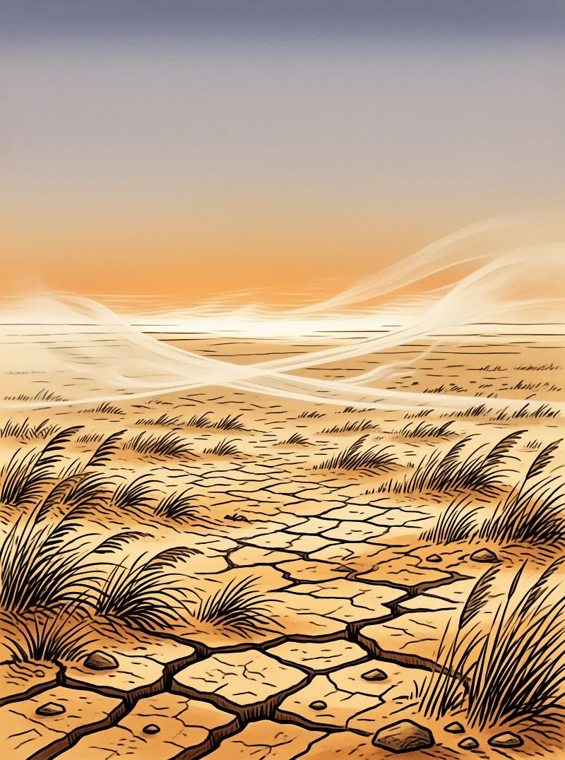 A sketch of dry cracked soil with sparse grass leading to a horizon glowing with orange sunset light.