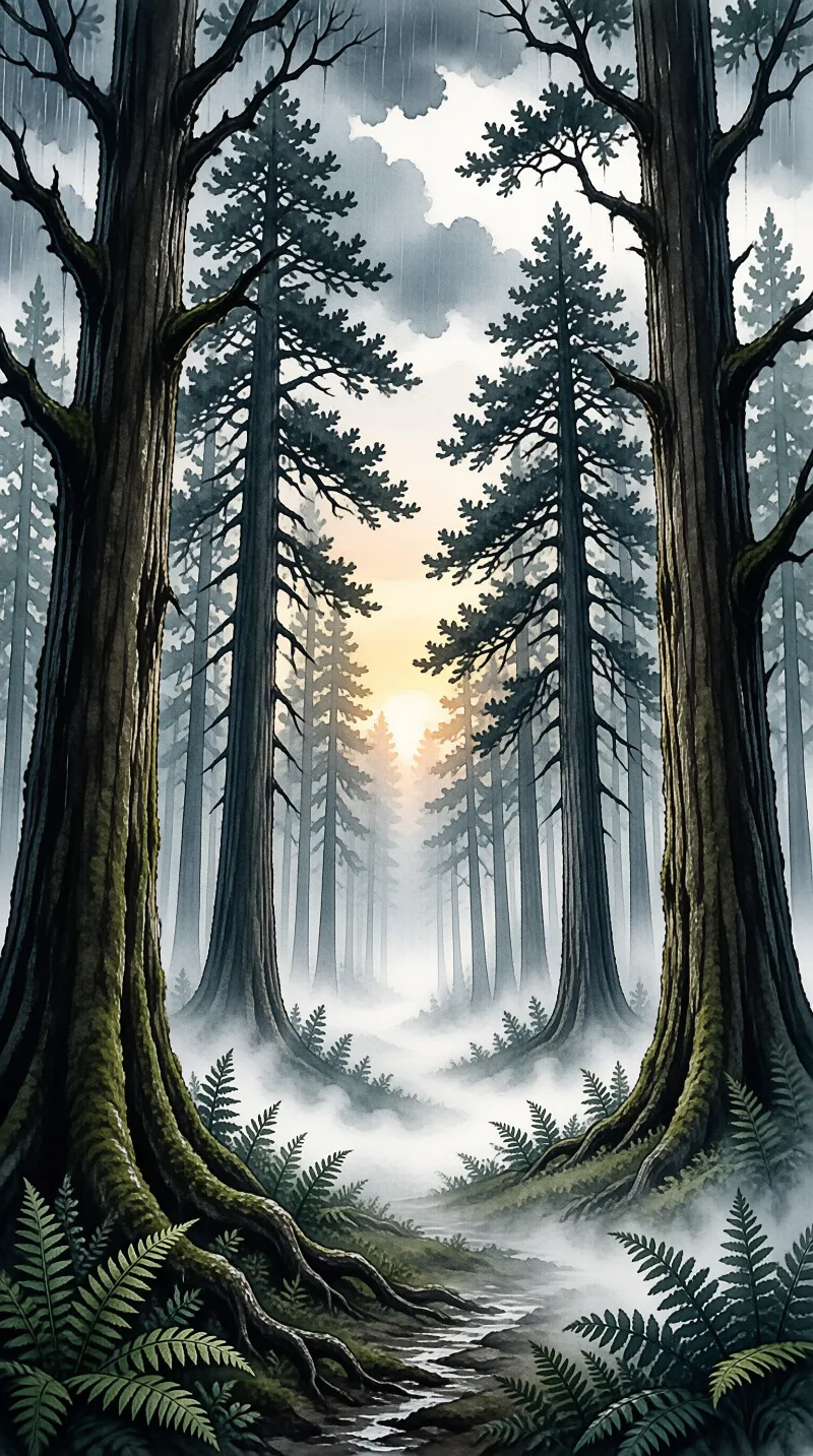 Tall coniferous trees line a foggy path while sunlight breaks through the canopy in the distance.