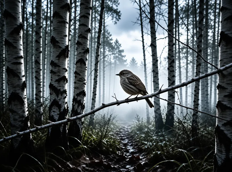 A small striped bird sits on a low branch overlooking a damp trail surrounded by vertical white tree trunks in cool fog.