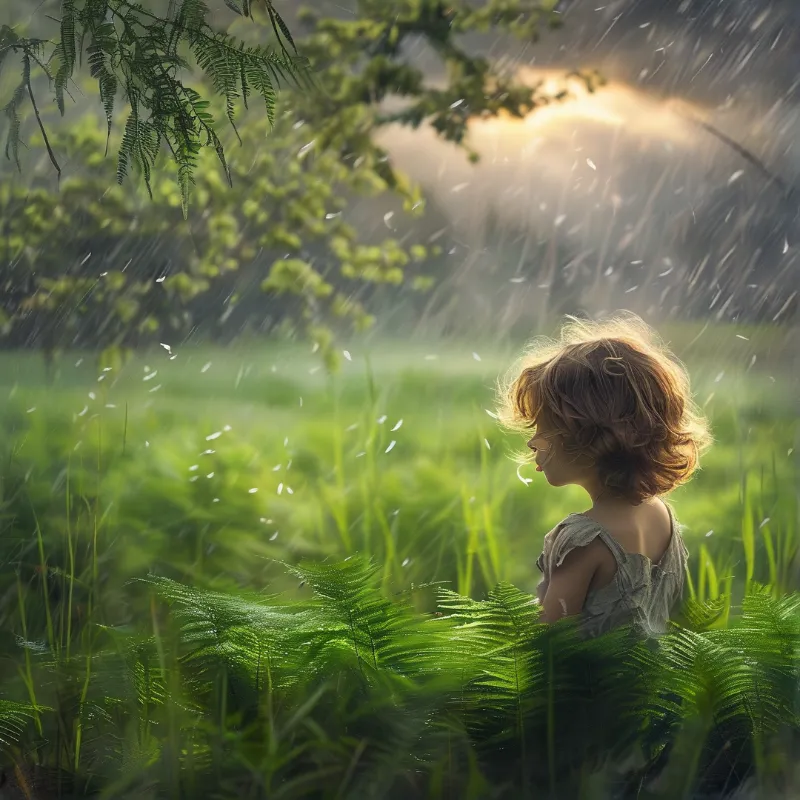 Sunlit Girl in Rainy Forest