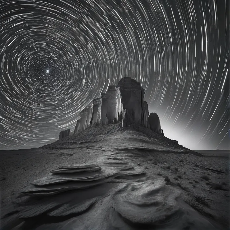 Concentric arcs of starlight sweep a grey night sky above an eroded sandstone tower rising from rippled desert flats.