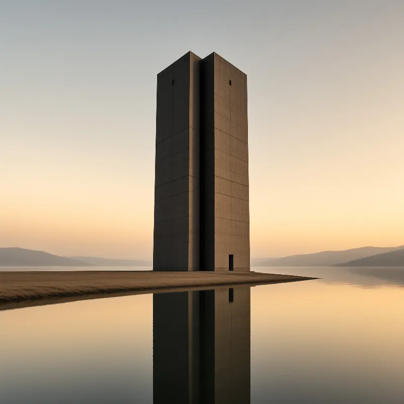 A tall minimalist concrete structure stands on a narrow spit of land, mirrored in calm water under a soft dusk sky.