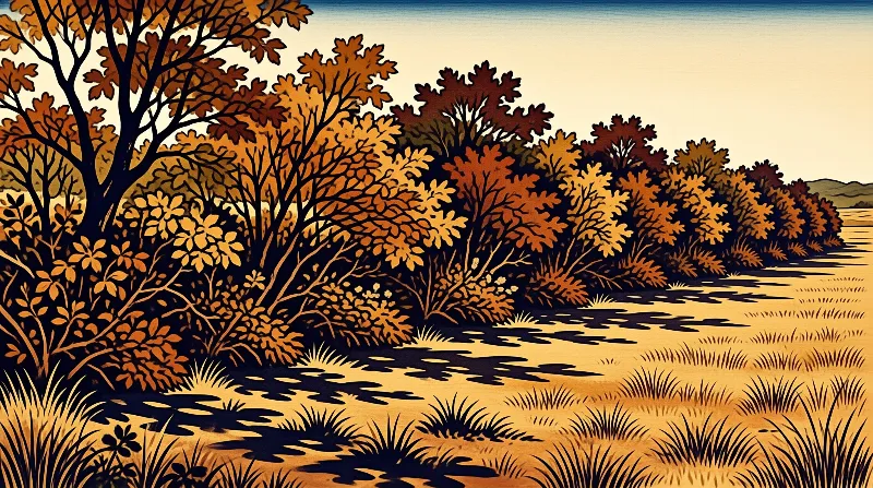 Stylized autumn trees and bushes line a sandy field where dark shadows stretch across the sunlit ground.