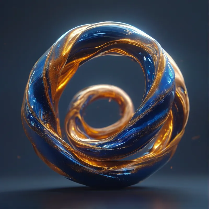 A twisted glass sculpture featuring blue and gold swirls against a dark background with reflective highlights.
