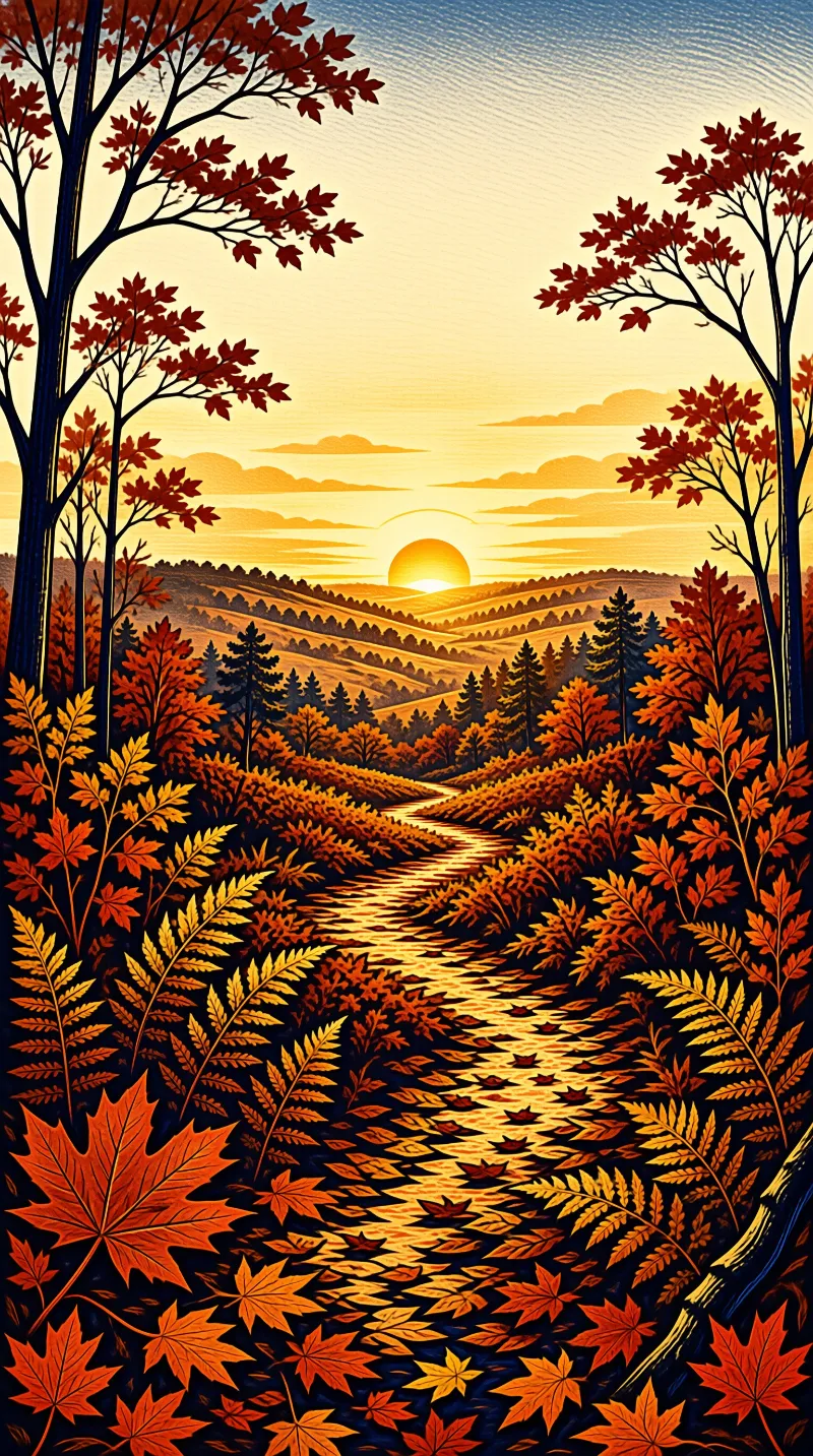 A winding water channel meanders through dense woods filled with vibrant red and orange foliage under a warm sky.