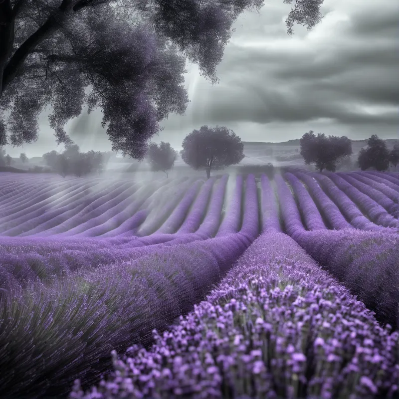 Rows of purple lavender stretch across rolling hills while beams of light cut through heavy grey clouds above scattered trees.