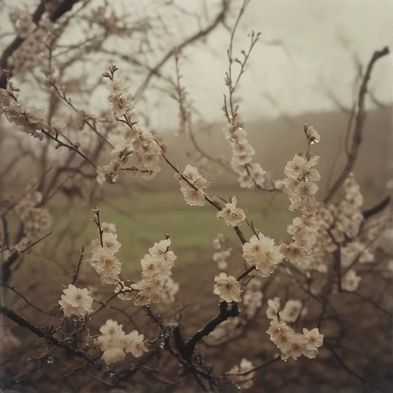 White icy flowers attached to dark branches against a blurry gray background with soft lighting.