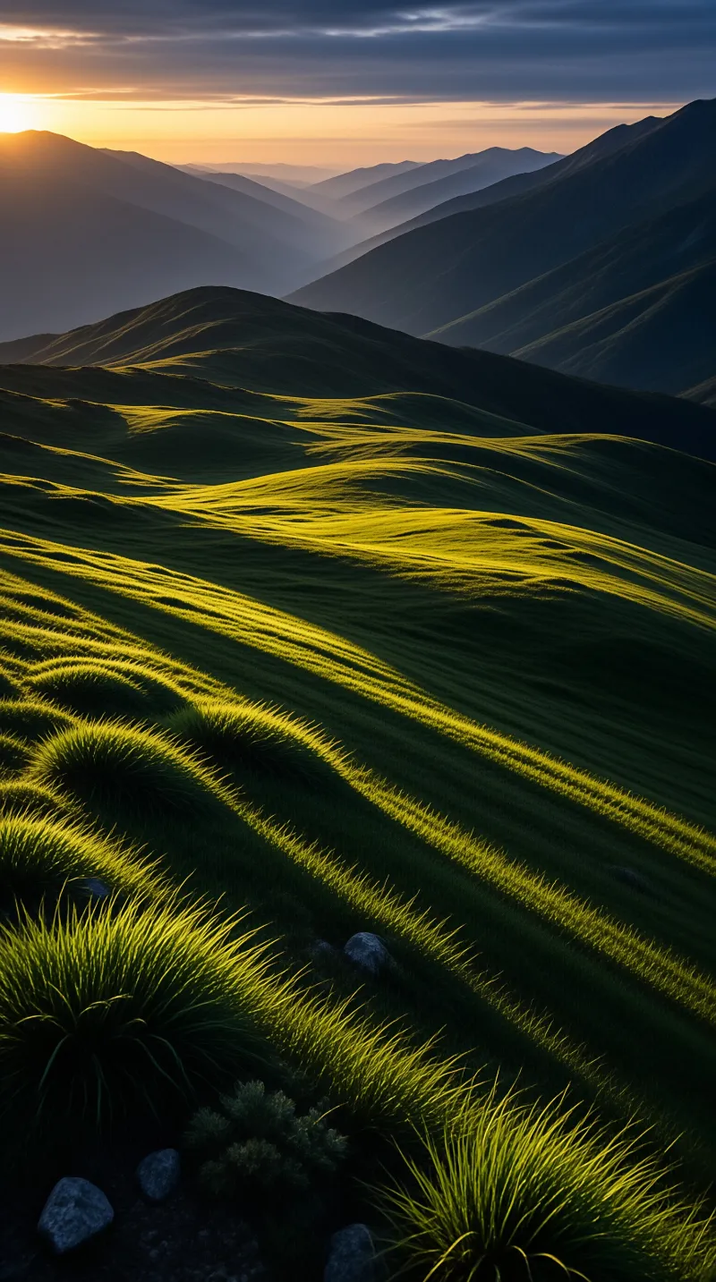 Distant blue ridges overlook rolling green meadows where warm sunlight casts long shadows across the textured landscape.