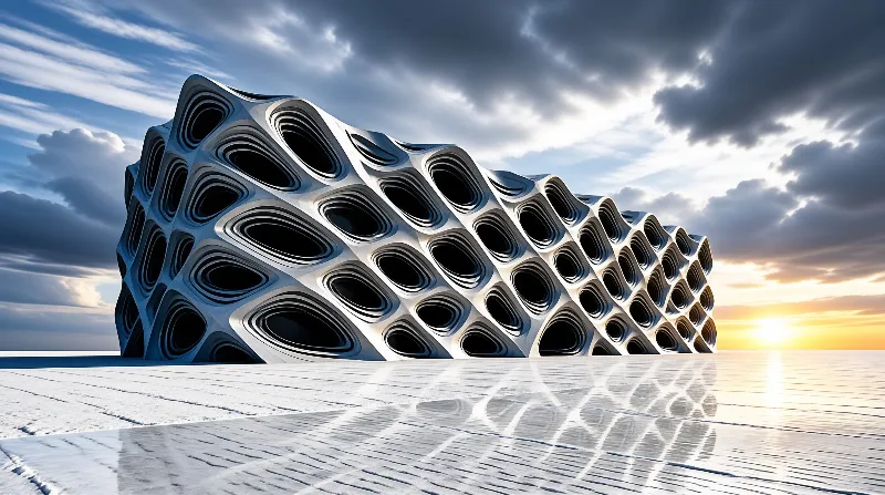 A sculptural white facade with oval openings stands mirrored on a flooded plain beneath a dramatic sunset sky.