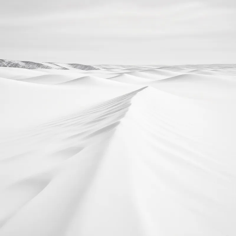 Smooth white sand dunes roll toward a hazy horizon under soft diffused light and a pale cloudy sky.