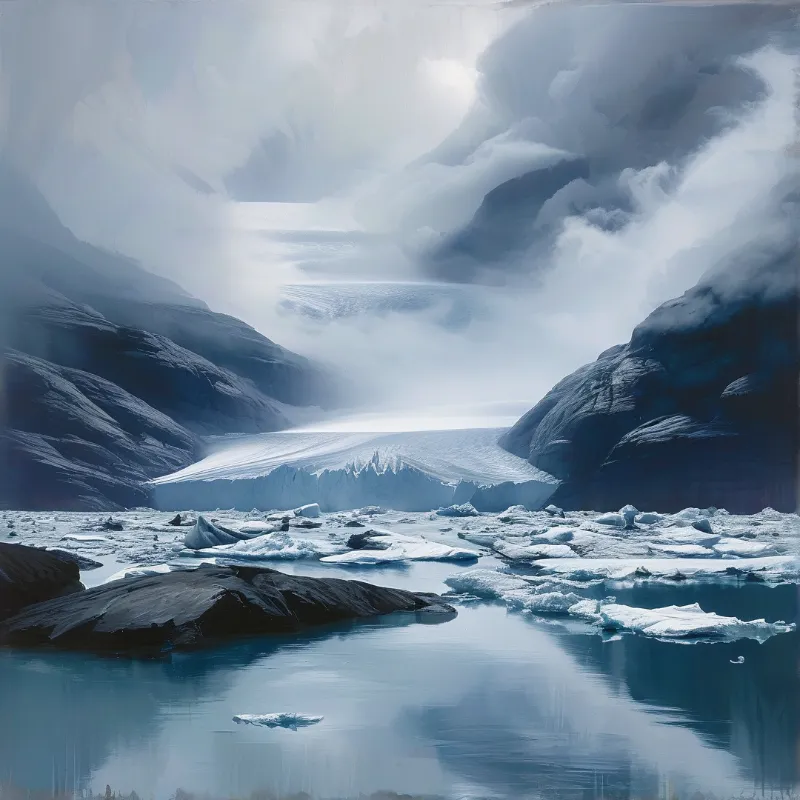 Large ice formation extends into a calm lake surrounded by steep rocky cliffs under a cloudy sky.