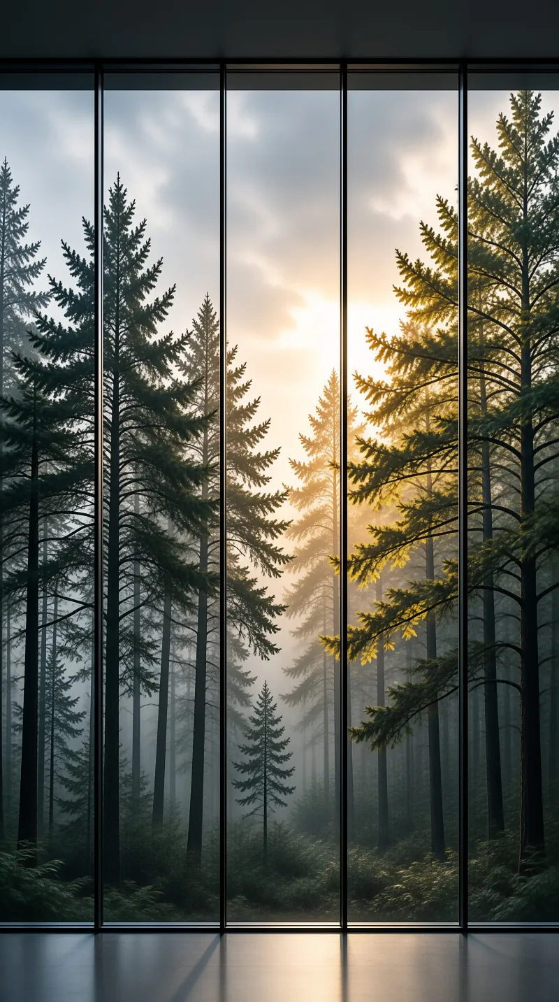 Tall trees in a foggy forest are lit by sunlight, viewed through large vertical glass window panels.