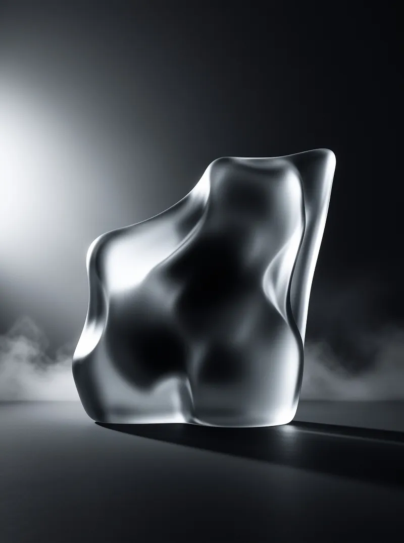 A smooth translucent glass shape rests on a dark reflective surface under dramatic side lighting.