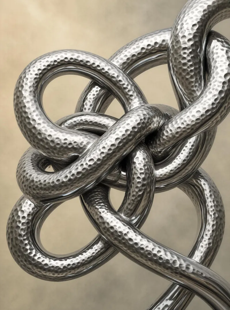 A silver chain with a hammered texture is displayed against a neutral beige background, featuring interwoven loops and a reflective metallic finish