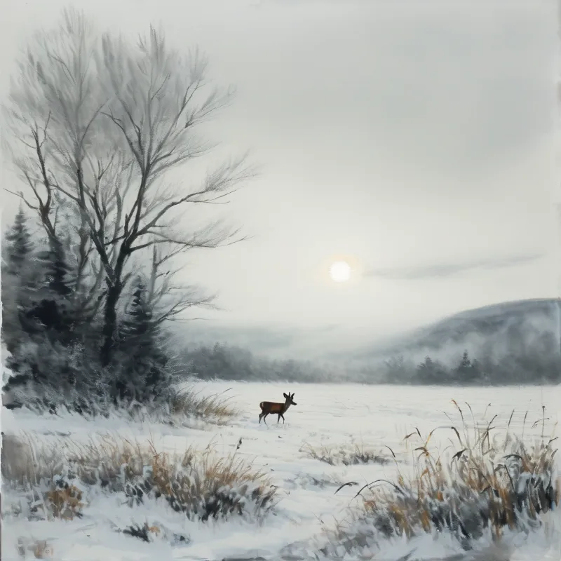 A solitary deer stands in a wide snowy field beside frosted trees, with distant misty mountains and a pale sun low in the overcast sky.