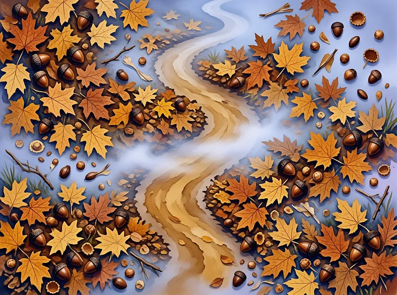 A flowing river runs between banks dotted with orange yellow maple leaves and brown acorns under warm autumn light.