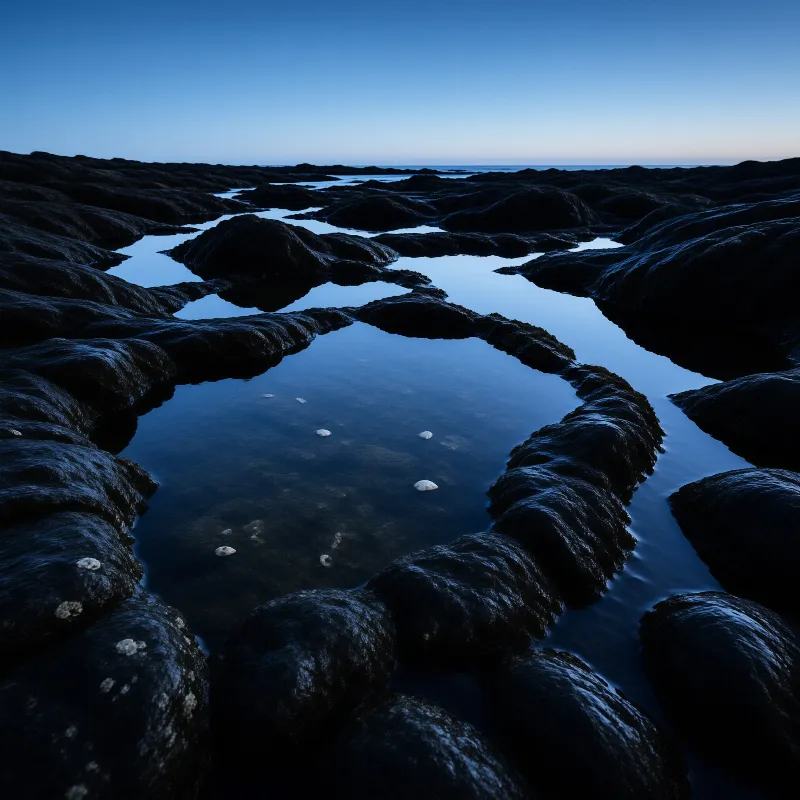 Dark wet stones form winding channels filled with calm water reflecting the fading blue light of the evening sky.