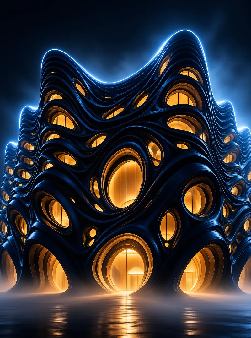 A futuristic building with wavy dark blue walls and warm glowing oval openings.