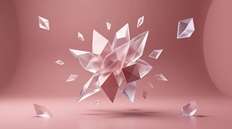 Transparent angular shards hover above a matte pink surface with smaller pieces scattering outward from the main cluster.
