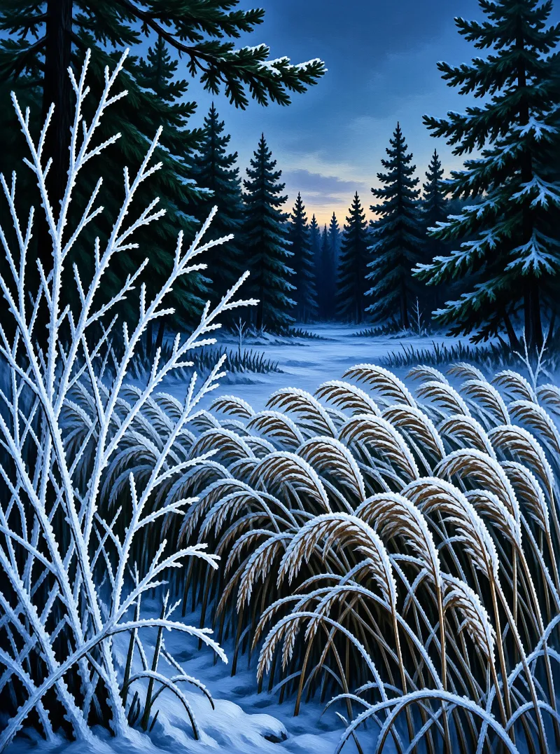Rime-coated seed heads bow across a snowy clearing while dark spruces close in under a cold twilight sky.