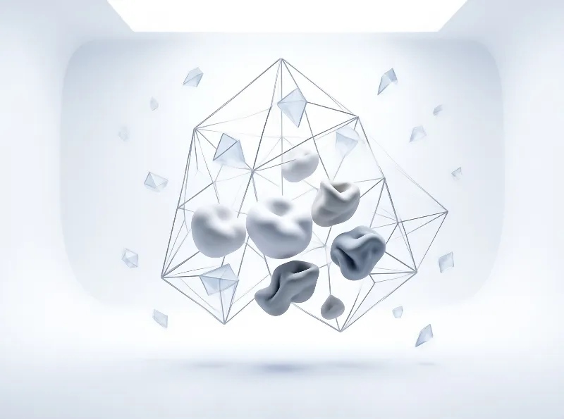 A transparent wireframe polyhedron structure floats centrally within a bright white void, enclosing several smooth grey organic forms that resemble irregular rocks or teeth, while small crystalline shards drift around the geometric cage under soft overhead lighting that casts gentle shadows across the minimalist scene.