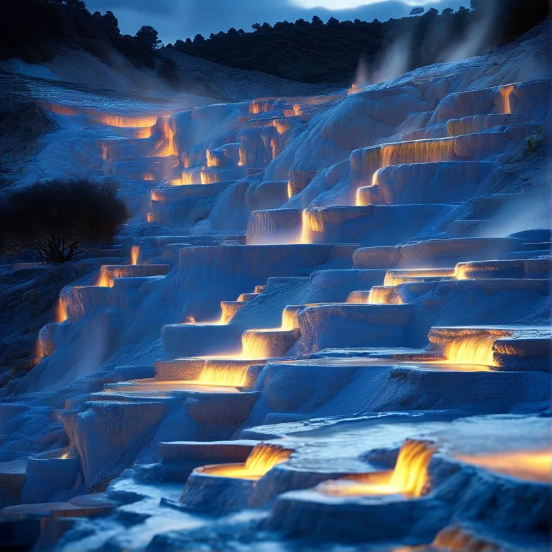 Stepped white travertine pools glow with warm golden light under a dark blue twilight sky with rising steam and dark trees.