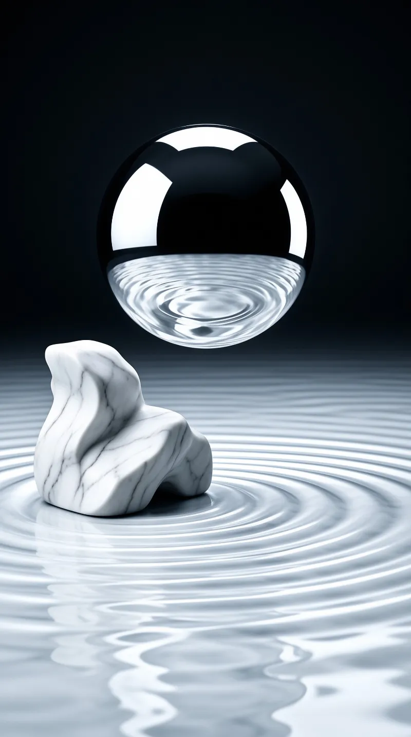 A white marble stone rests in rippling water beneath a large sphere with a black top half and water-filled bottom half.